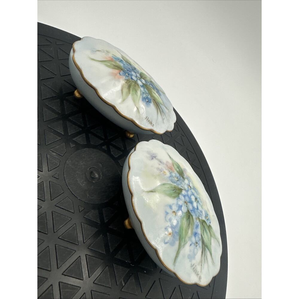 Set of 2 Vintage Mini Oval Trinket Box Hand Painted Porcelain Pastel Blue White